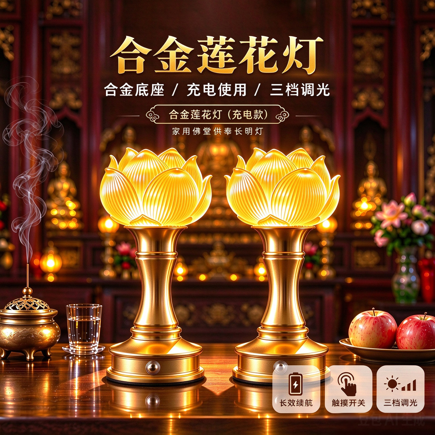琉璃莲花供佛长明灯USB充电图片