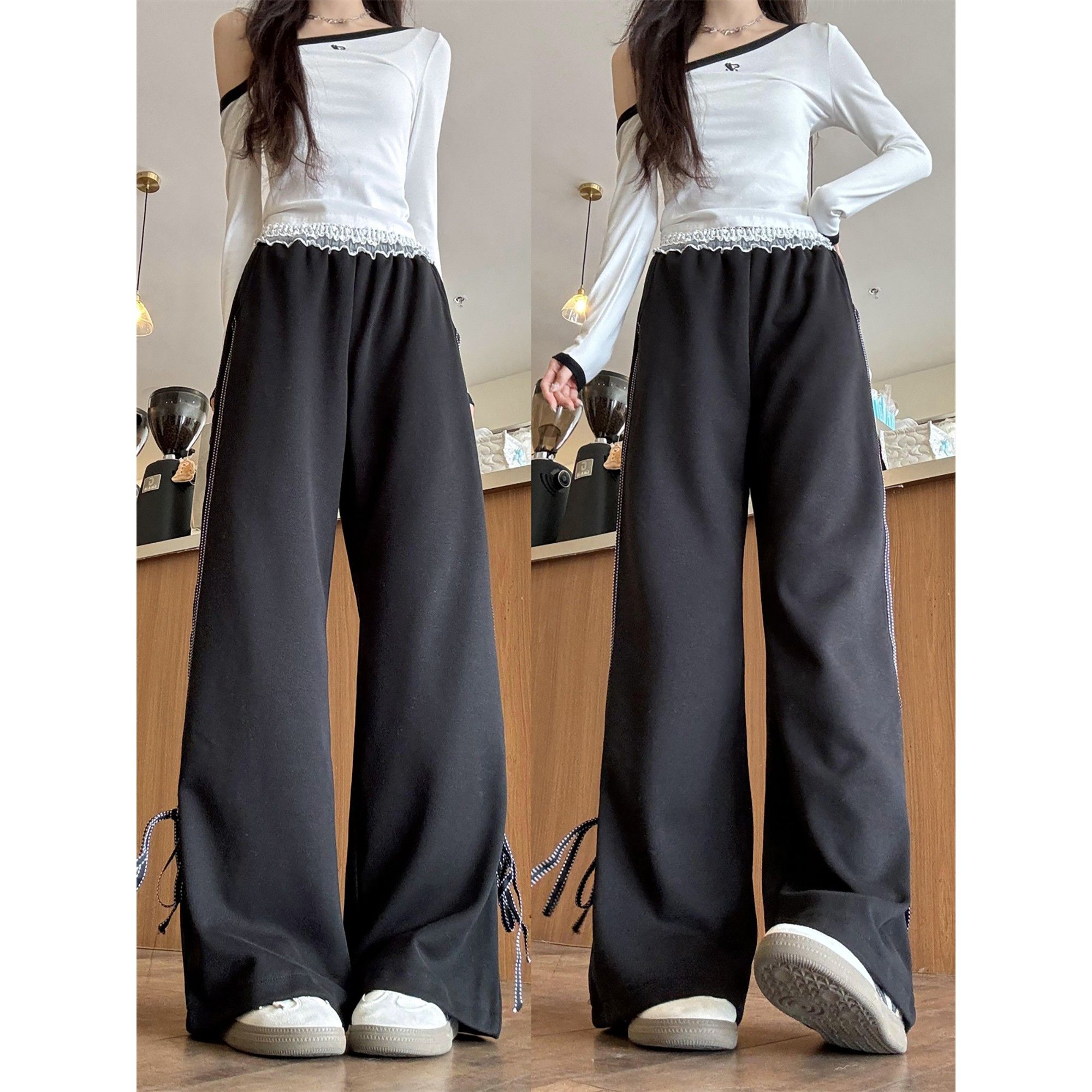 2026新款秋冬气质加分项！黑色拼接蕾丝假两件休闲裤女早春阔腿裤
