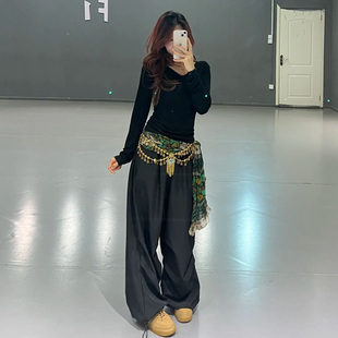 黑色kpop爵士舞jazz跳舞裤子运动休闲松紧腰束脚裤夏季薄款工装裤