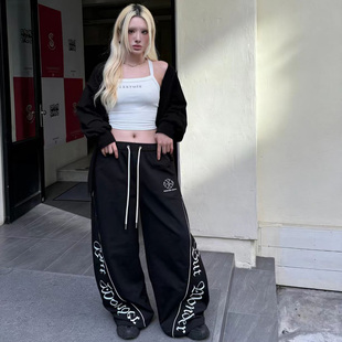 jazz爵士跳舞街头休闲风字母印花阔腿裤 潮 女黑色抽绳垂感拖地长裤