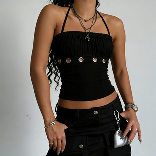 jazz爵士跳舞朋克性感挂脖抹胸背心女黑色内搭短款 显瘦辣妹上衣