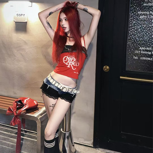 欧美风紧身蕾丝拼接牛仔短裤女夏季2025性感辣妹a字heels低腰热裤