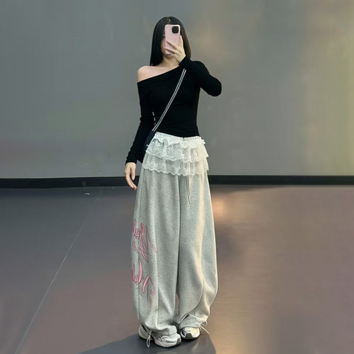 kpop爵士跳舞美式嘻哈风灰色字母印花阔腿裤女宽松显瘦抽绳休闲裤