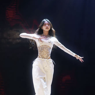 jazz爵士跳舞美式 上衣打底内搭 辣妹蕾丝轻薄紧身连体衣打歌服长袖