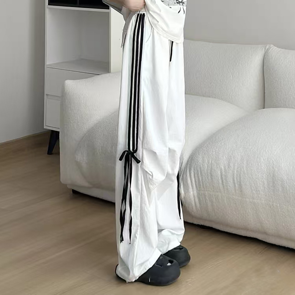 白色裤子爵士舞街舞蝴蝶结工装裤女显瘦美式运动裤直筒伞兵阔腿裤