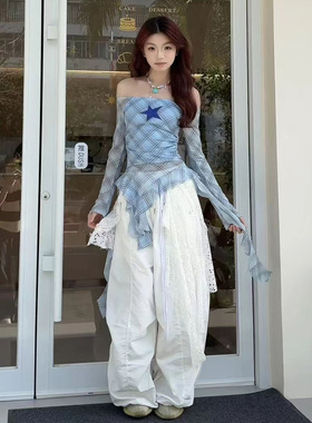 jazz爵士跳舞蓝色格纹不规则下摆上衣辣妹白色裤子打歌服演出套装