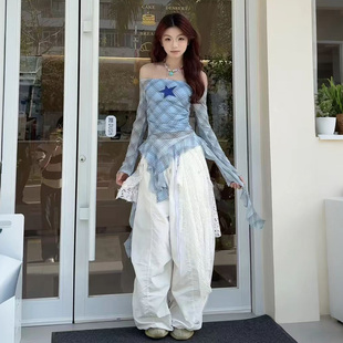 jazz爵士跳舞蓝色格纹不规则下摆上衣辣妹白色裤子打歌服演出套装