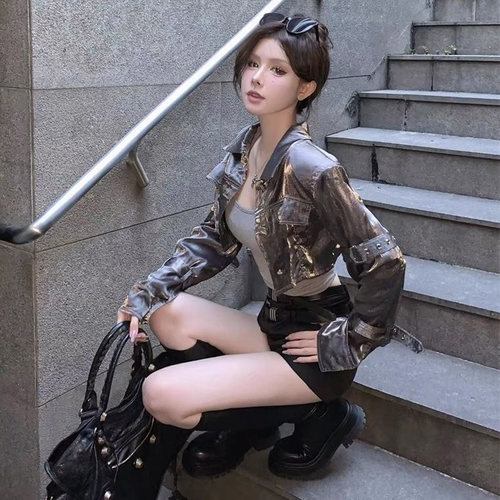 hiphop美式复古辣妹薄款打歌服外套女秋季翻领跳舞宽松酷飒机车服