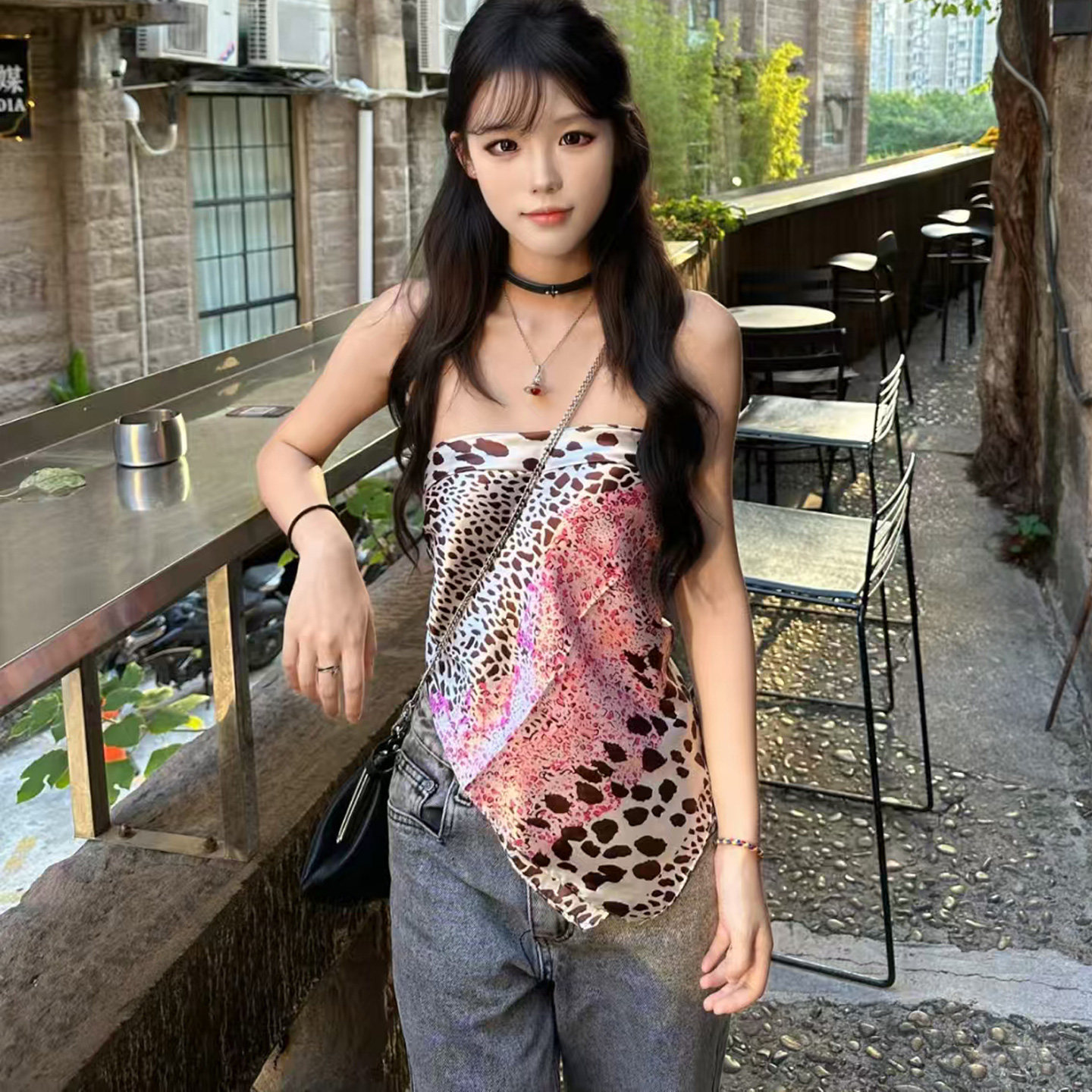 欧美风新款豹纹印花丝巾抹胸背心女修身显瘦无袖露肩一字领上衣,女装/女士精品,背心吊带,淘宝优惠券,粉丝福利购,淘宝优惠卷