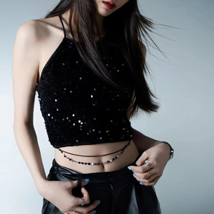 美式 吊带女 黑色亮片辣妹细肩带甜辣jazz上衣背心外穿爵士跳舞短款
