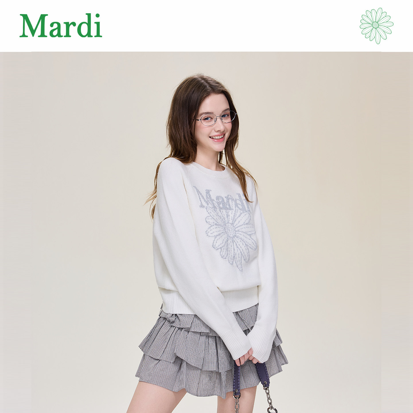 Mardi2026年秋季小雏菊印花休闲针织衫女韩系宽松慵懒百搭上衣