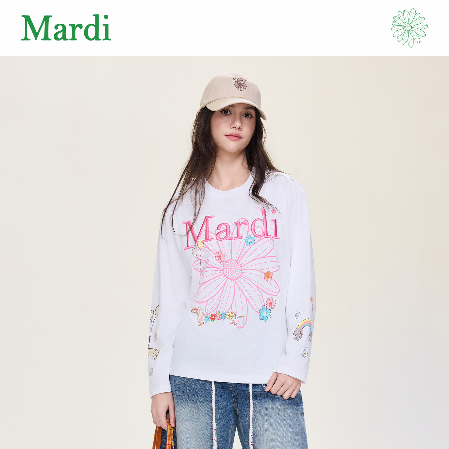 Mardi秋季薄款雏菊印花长袖T恤女韩系宽松百搭设计感通勤休闲上衣