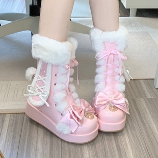 尾款 圆头加绒加厚可爱甜美少女lolita冬靴子 樱雪兔耳