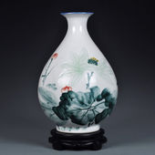 九藏尊品景德镇陶瓷花瓶摆件客厅插花花器手绘荷花瓷器现代中式 装