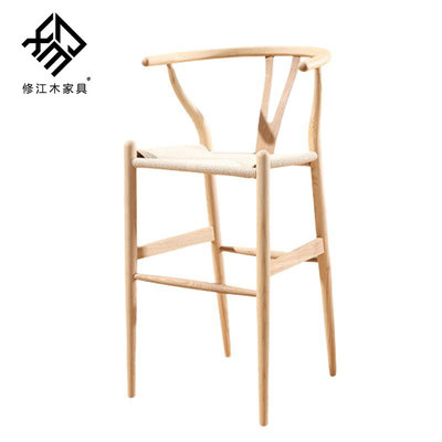 创意实木嵌合高脚吧椅 北欧风白蜡木吧台凳 酒店前台简约风高脚椅