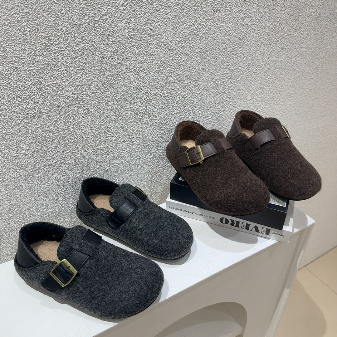 灰色毛呢加绒全包勃肯鞋女2025秋冬新款一脚蹬两穿保暖毛毛棉鞋子