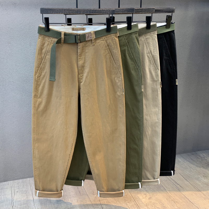 阿美咔叽复古水洗纯棉休闲裤男士春秋款美式潮流宽松直筒工装裤子