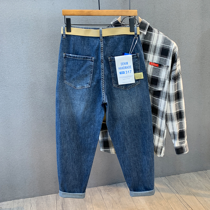 秋冬百搭蓝色弹力九分哈伦牛仔裤