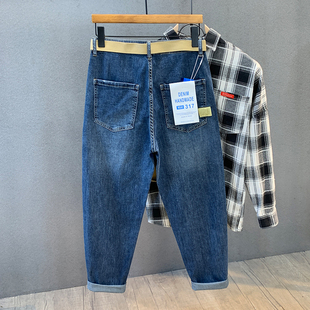 子 秋冬宽松小直筒休闲潮流弹力九分裤 百搭蓝色哈伦加绒牛仔裤 男士