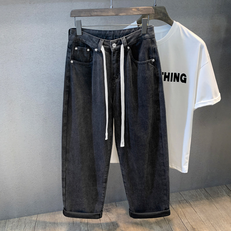腰部抽绳黑灰色牛仔裤男士宽松直筒裤秋季潮流百搭阔腿裤子男长裤,男装,牛仔裤,淘宝优惠券,粉丝福利购,淘宝优惠卷