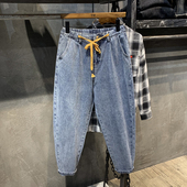 宽松休闲百搭锥形春秋小脚哈伦裤 潮牌松紧腰九分牛仔裤 男士 子潮流