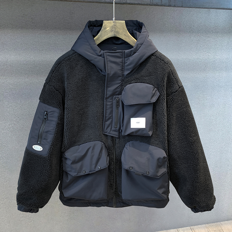 羊羔绒拼接日系机能短款羽绒服潮