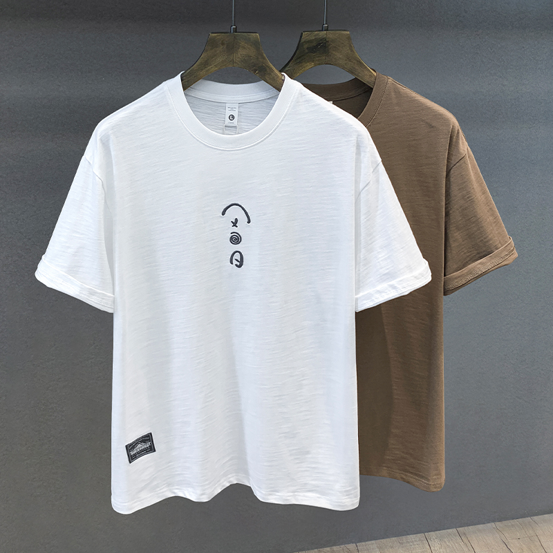 竹节纹理刺绣新款白色短袖T恤潮