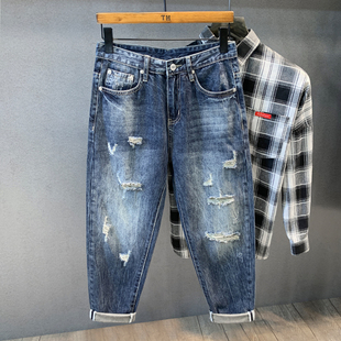 潮牌水洗蓝色破洞牛仔裤男士春秋新款微宽松哈伦九分乞丐裤子男款