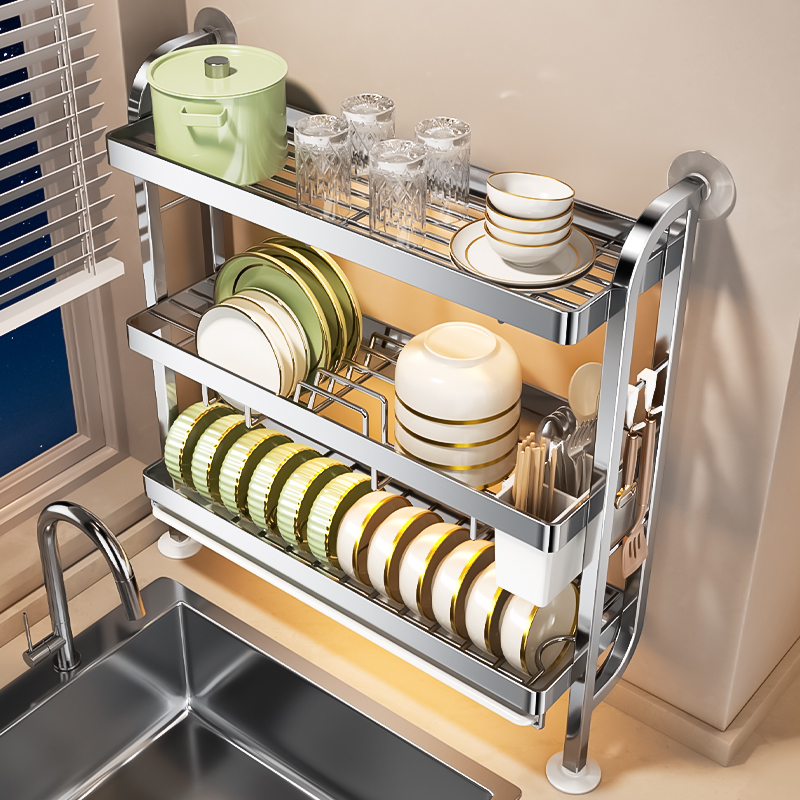 窄款厨房不锈钢碗碟收纳架