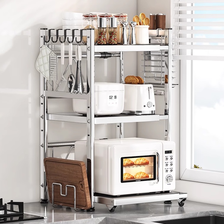 不锈钢厨房抽拉微波炉架子置物架电饭锅上方一体置物架台面多功能