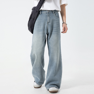 潮牌宽松直筒休闲微喇裤 OFF 男款 复古水洗牛仔裤 UP美式