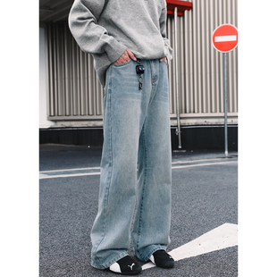 浅色通勤日常宽松直筒休闲微喇裤 OFF 复古水洗牛仔裤 美式