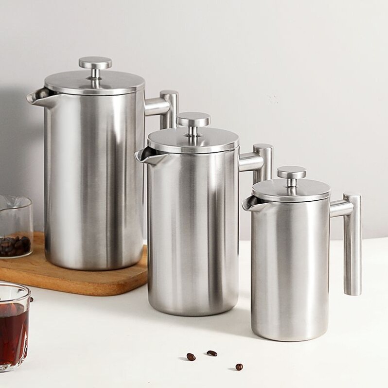 手冲咖啡壶双层不锈钢法压壶滤压壶磨砂纯色冲茶器一壶多用微瑕疵