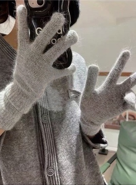 韩版ins风兔毛绒可爱保暖针织毛线手套长款少女粉色加厚柔软防寒