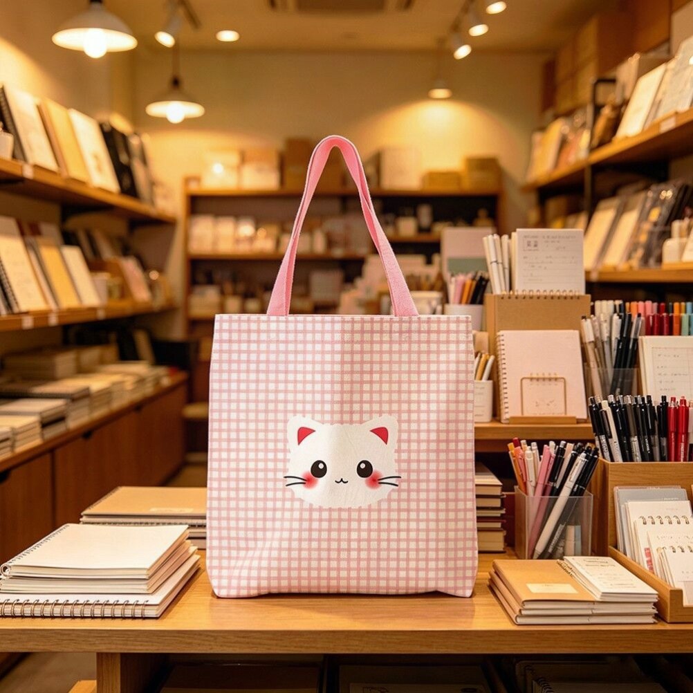 森系粉色小猫ins卡通帆布袋大容量学生包培训女小清新单肩帆布包