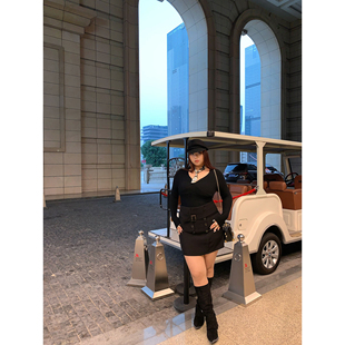 半身裙显瘦套装 南黑微胖mm纯欲性感V领针织衫 高腰工装 大码 女新款