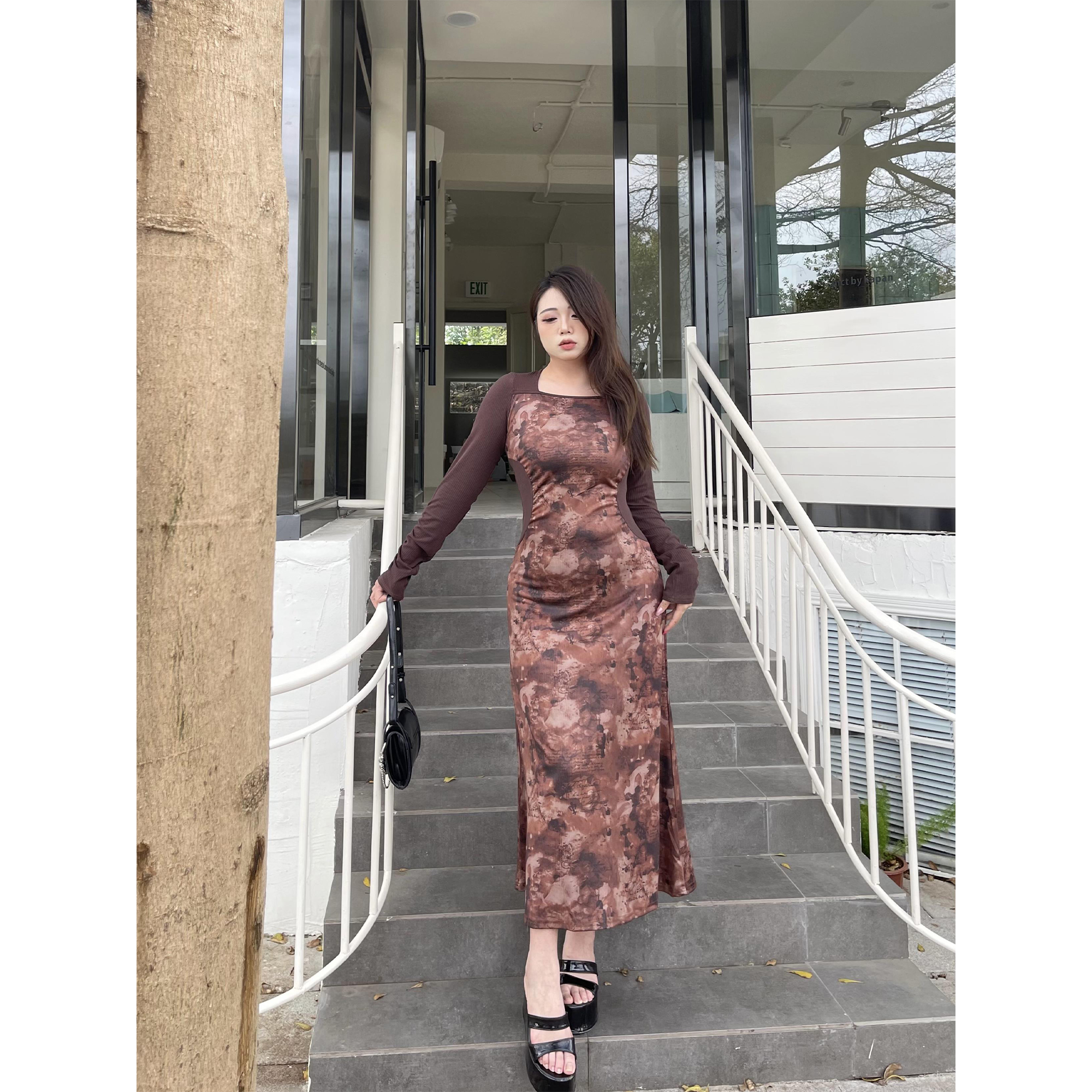 南黑微胖新中式轻国风长袖连衣裙女夏季薄款大码胖mm收腰显瘦长裙