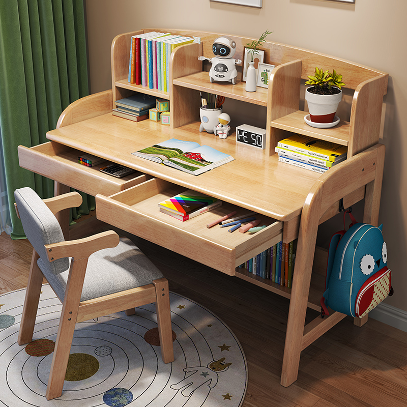 儿童学习桌椅子一套家用卧室小学生写字桌可升降全实木书桌带书架