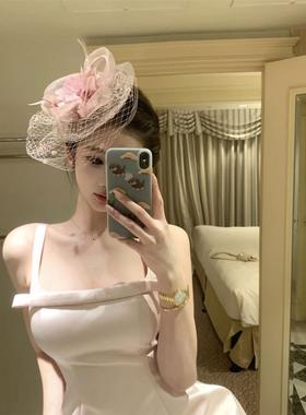 法式名媛粉色网纱小礼帽