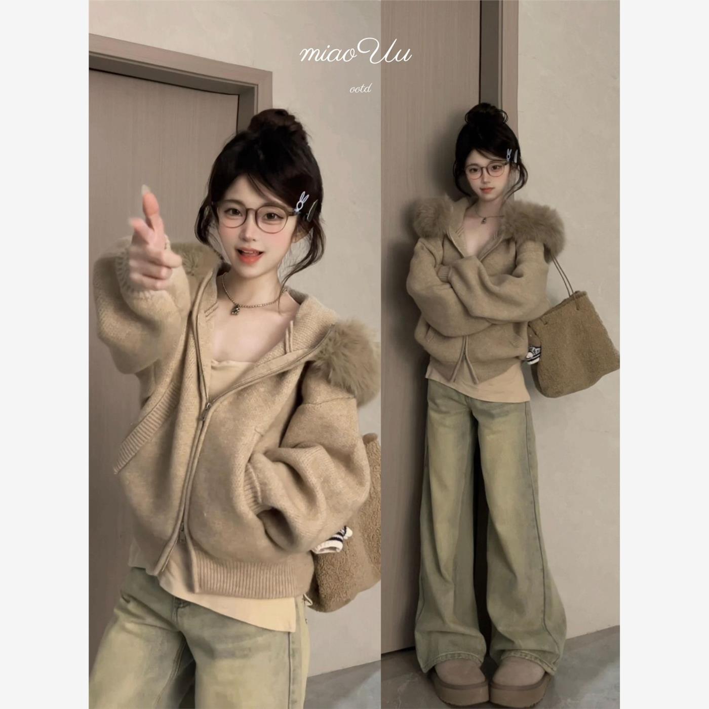 韩系慵懒风毛领外套连帽