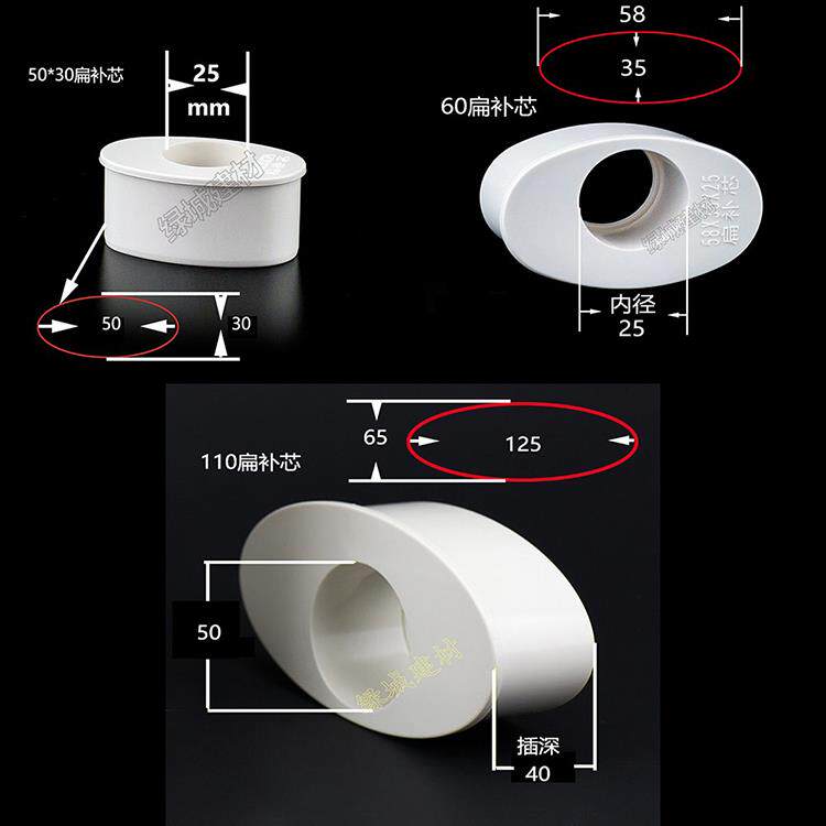 PVC50*30 63*25 110*50扁管补心扁管变25圆口直接 50扁变25圆补芯