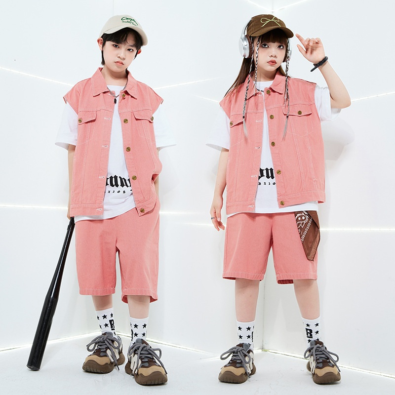 儿童街舞套装hiphop潮服男童嘻哈粉色牛仔马甲演出服炸街爵士
