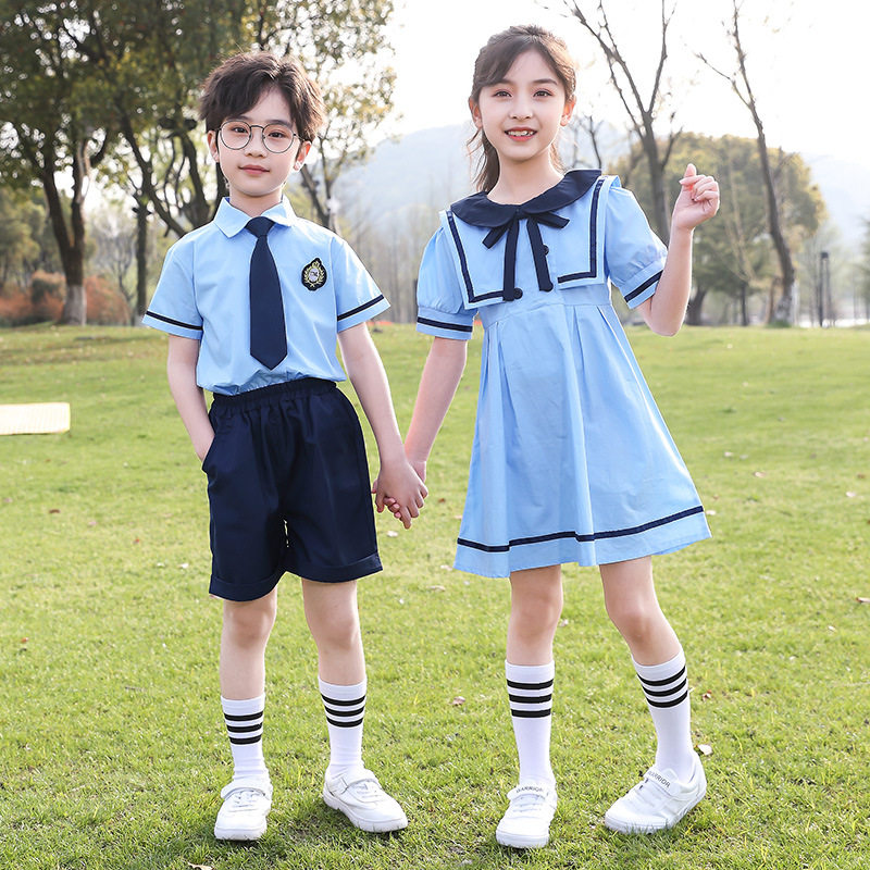 幼儿园园服蓝色夏季套装小学生校服儿童班服连衣裙夏款短袖两件套