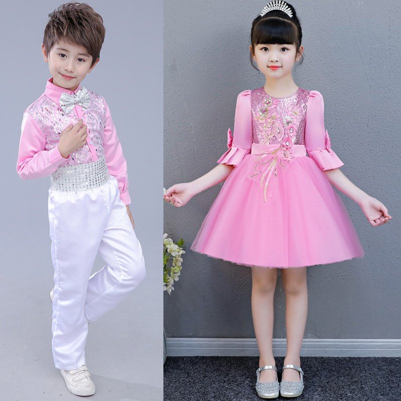 我们是祖国的花朵儿童演出服六一幼儿大班舞蹈服蓬蓬裙粉色合唱