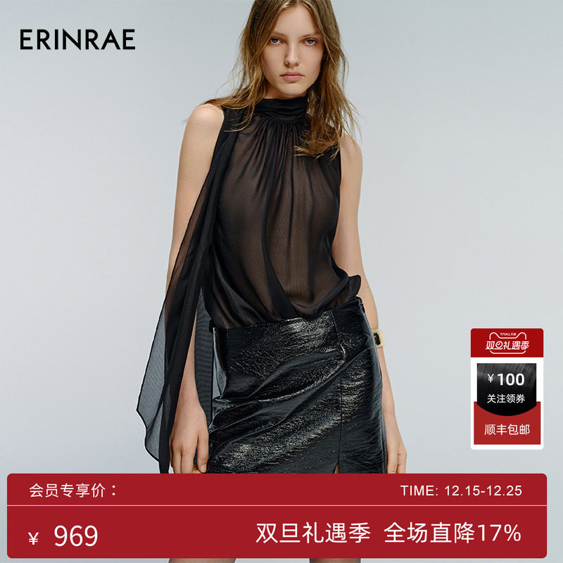 ERINRAE领口飘带无袖真丝衬衫