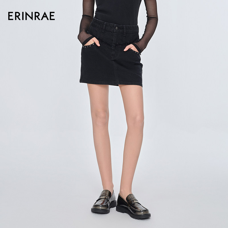 ERINRAE夏季新款黑色A型摇滚牛仔半裙休闲裙子EH2N4378CO20