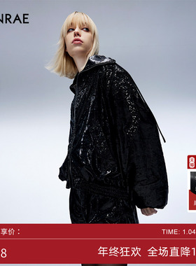 ERINRAE丨黑色丝绒外套拉链翻领长袖外搭灯笼袖上衣EF344021PL20