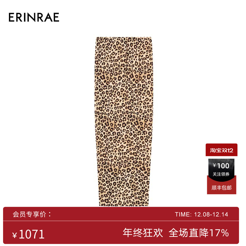 ERINRAE冬季新品野性豹纹印花半裙绵羊毛松紧腰开叉半身裙