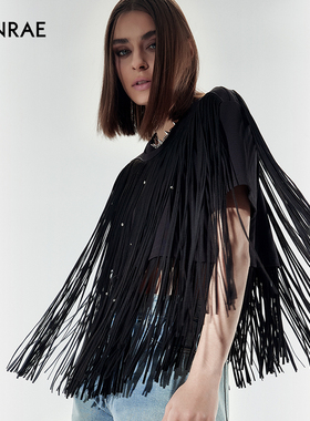 ERINRAE丨夏季100%纯棉黑色流苏设计款时髦t恤上衣EF211115CO20