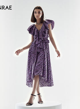 ERINRAE丨100%桑蚕丝粉紫色斑马纹中长收腰连衣裙EF283179SE49